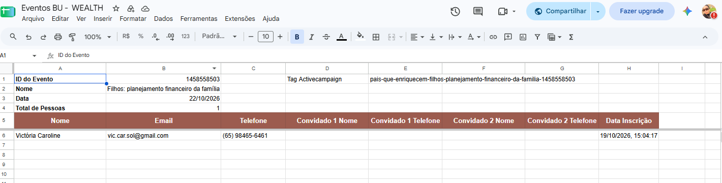 Print da planilha da Wealth mostrando a tag na célula E1