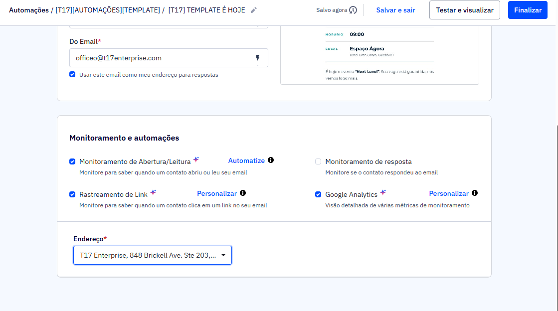 Tela do ActiveCampaign com os campos Monitoramento e automações e Endereço