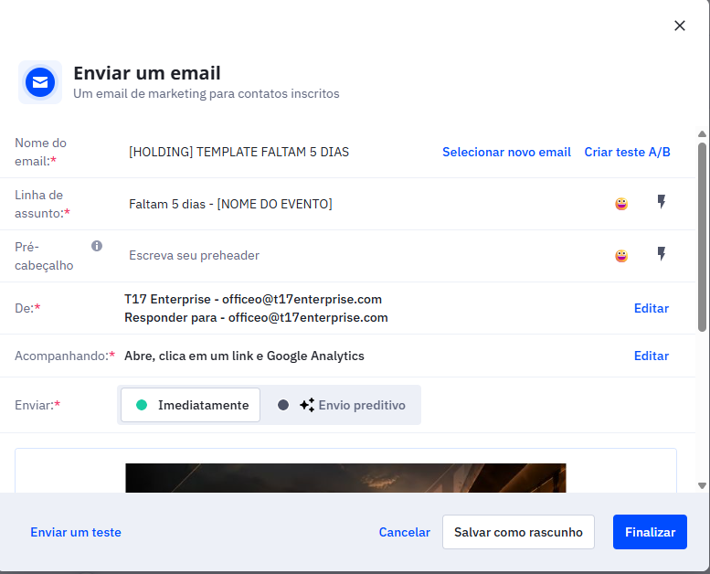 Janela Enviar um email do ActiveCampaign com os campos De e Responder para