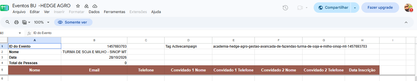 Print da planilha da Hedge Agro mostrando a tag na célula E1