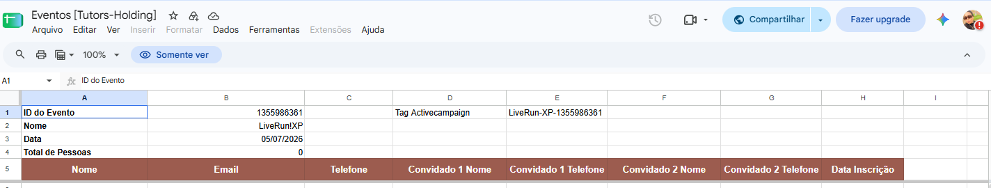 Print da planilha da Holding mostrando a tag na célula E1