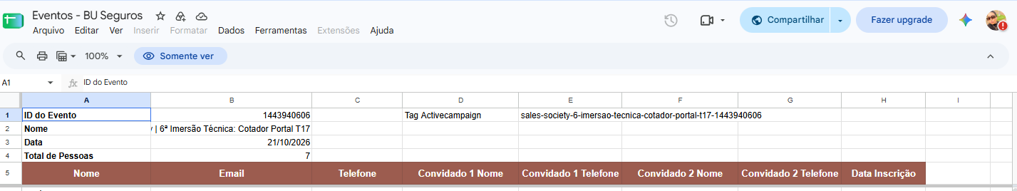 Print da planilha da T17 mostrando a tag na célula E1